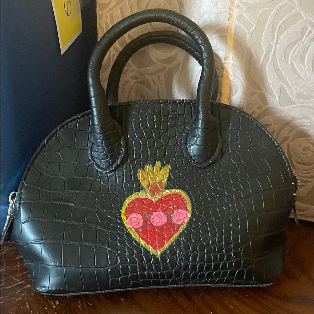 Black Crocodile Embossed Handbag with Red Heart Design